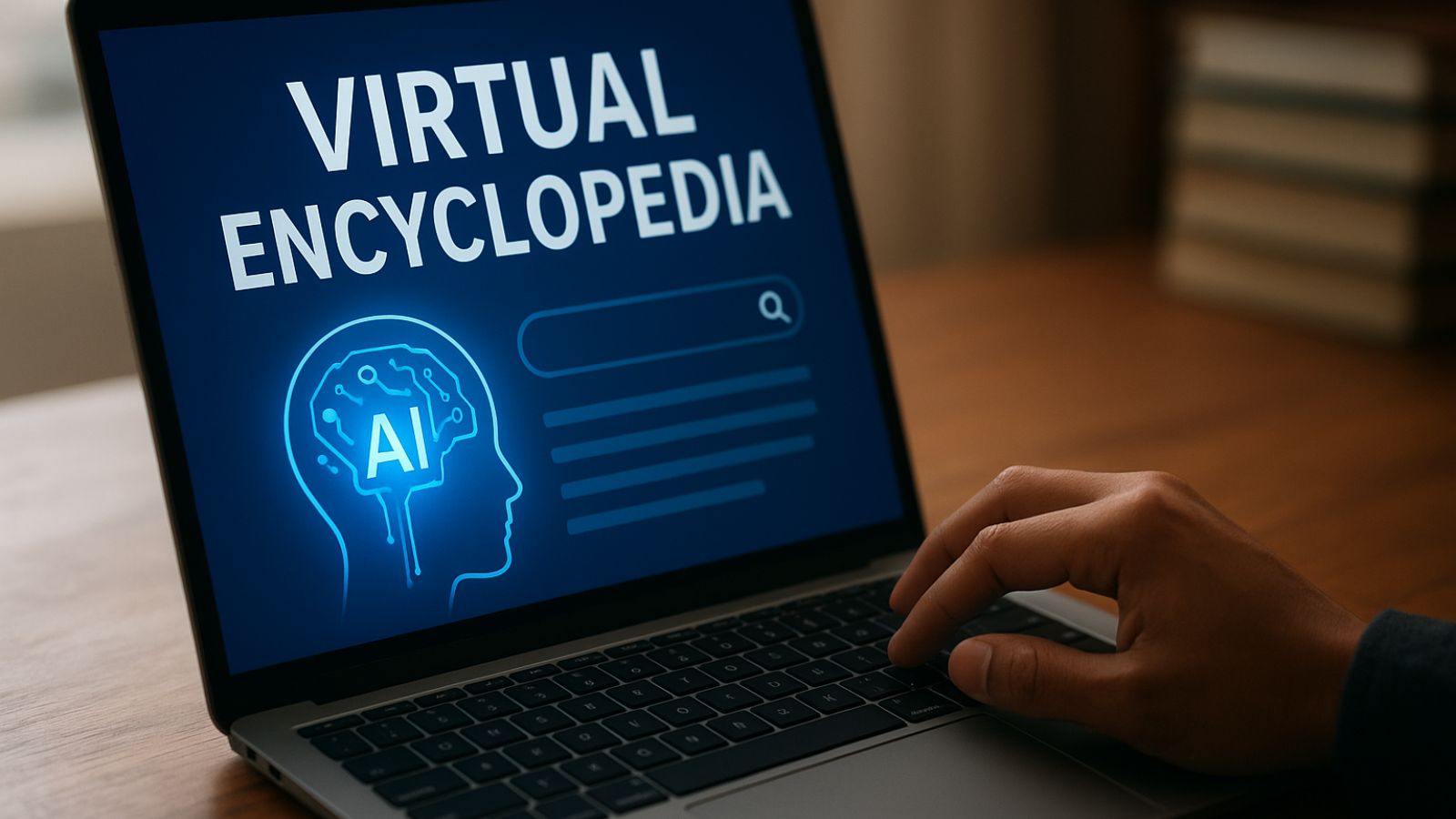 Mão e laptop com enciclopédia virtual