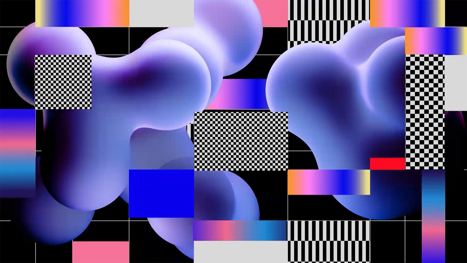 grafismo em preto, branco, rosa e azul