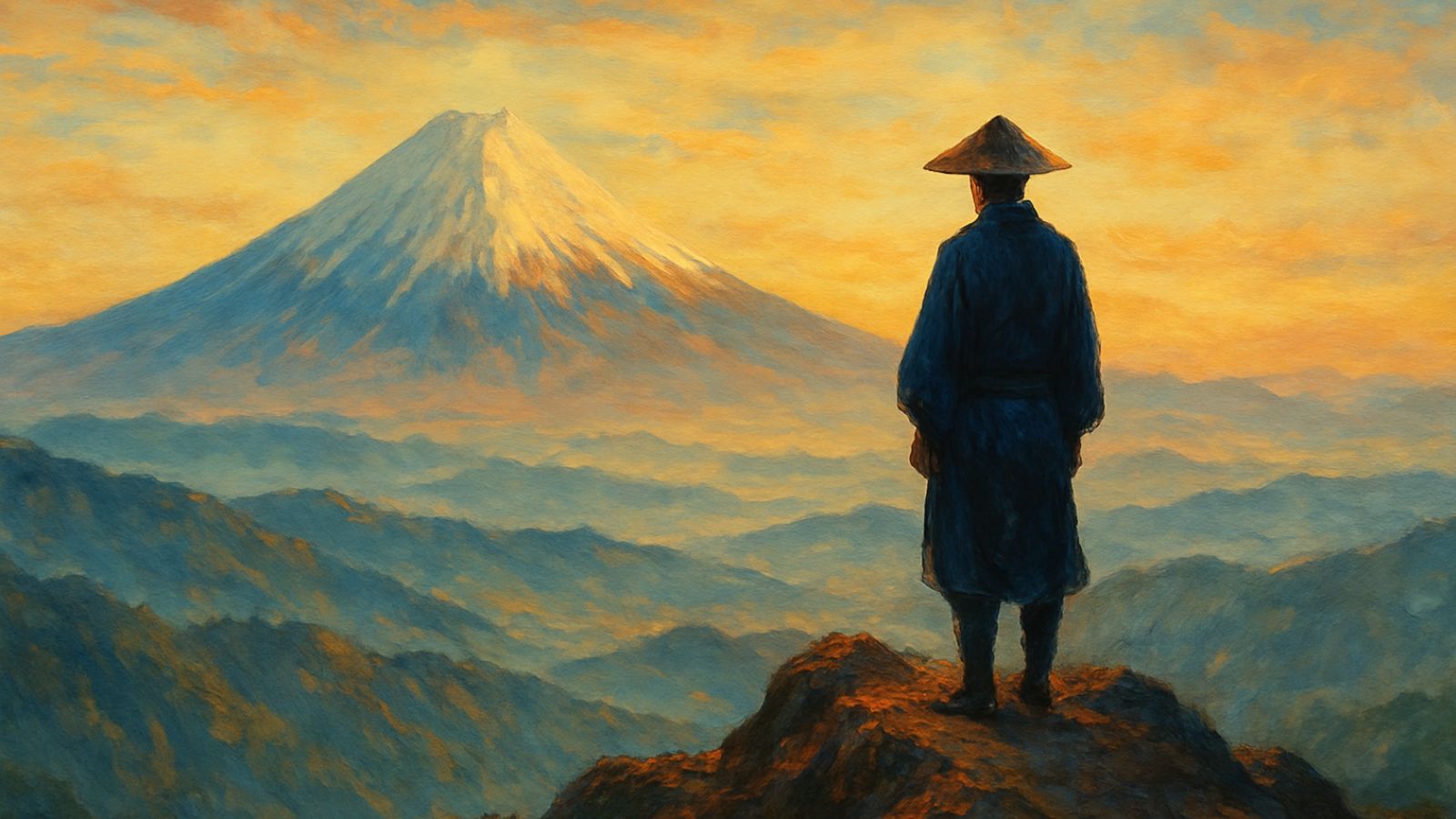Japonês contemplando montanha