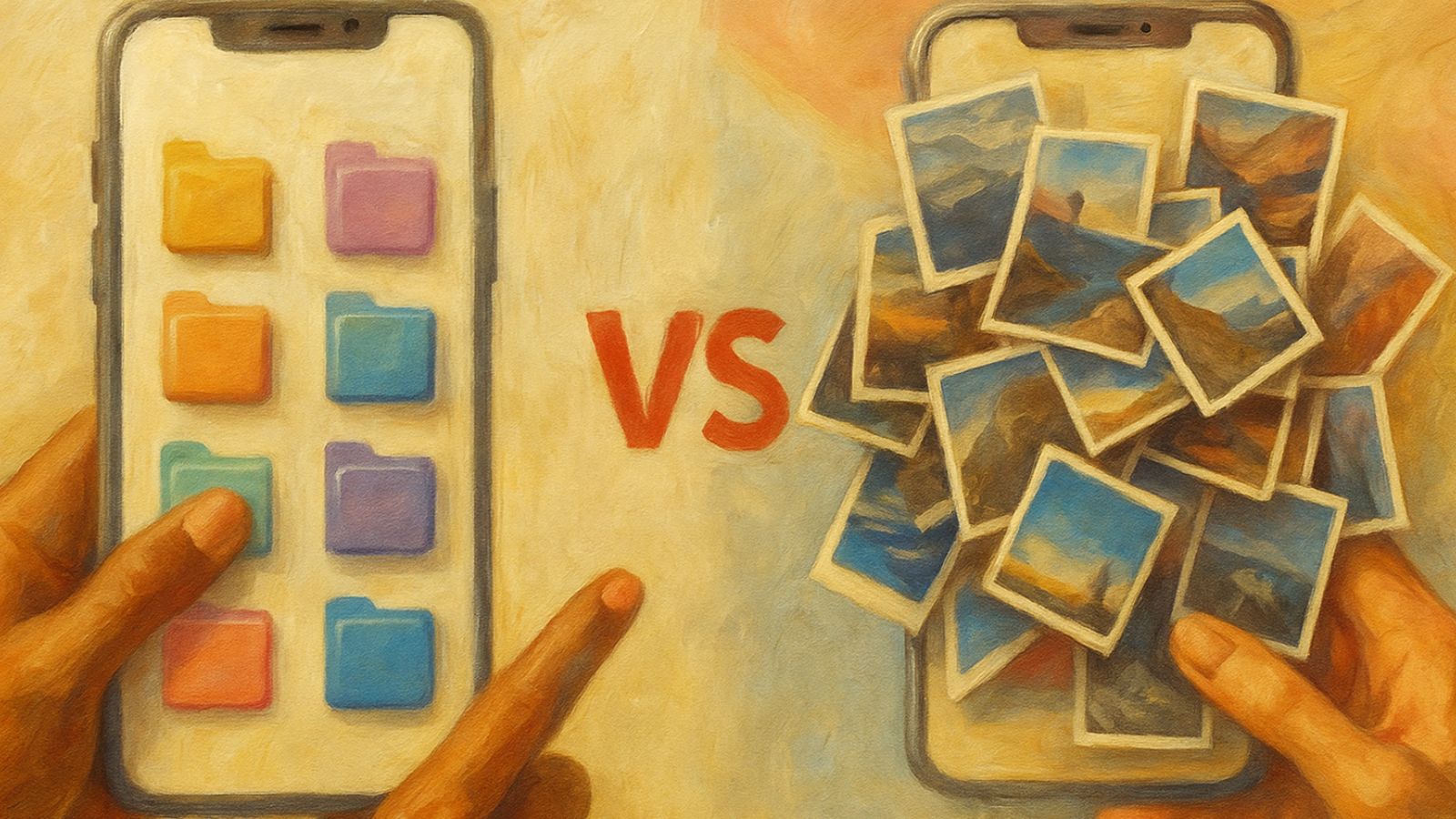 Celular organizado, planilhas e outro cheio de fotos