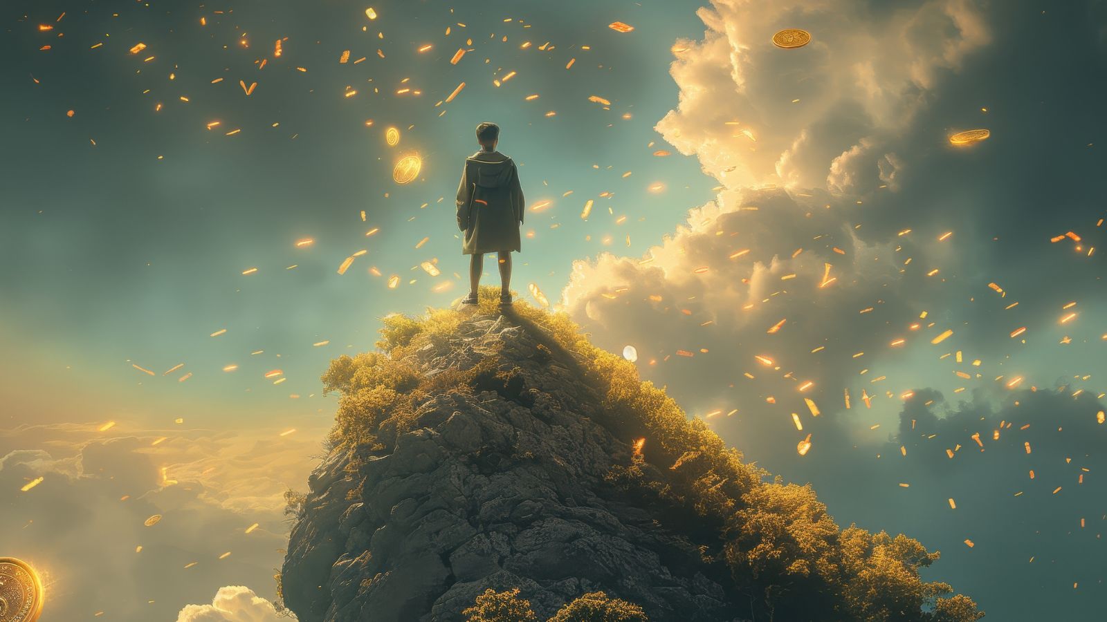 Homem, topo da montanha e moedas