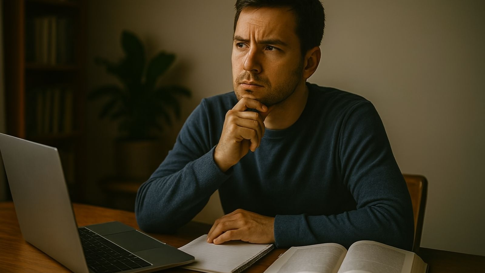 Homem pensando enquanto busca vagas de emprego