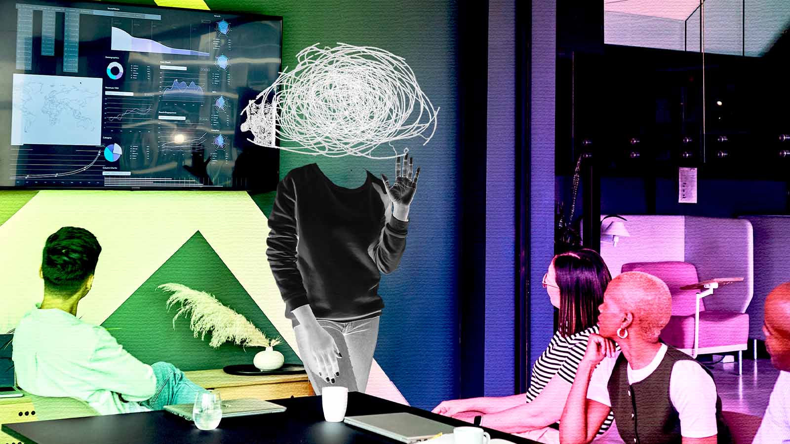 funcionário esquece o que ia dizer durante uma apresentação aos colegas