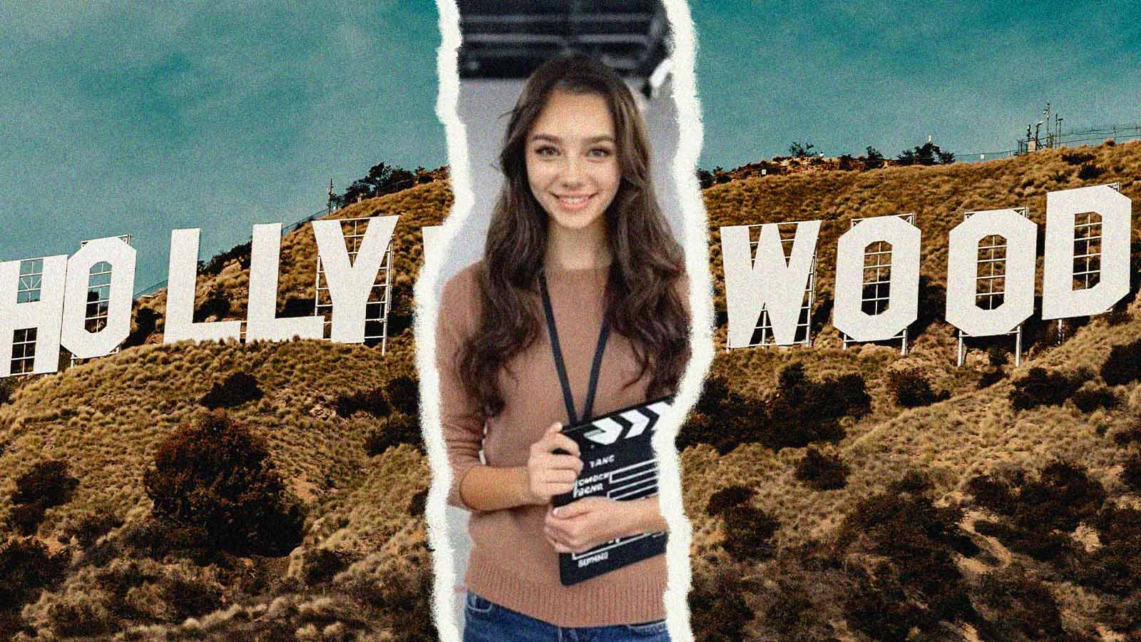 Tilly Norwood, atriz feita com inteligência artificial, em frente ao letreiro de Hollywood