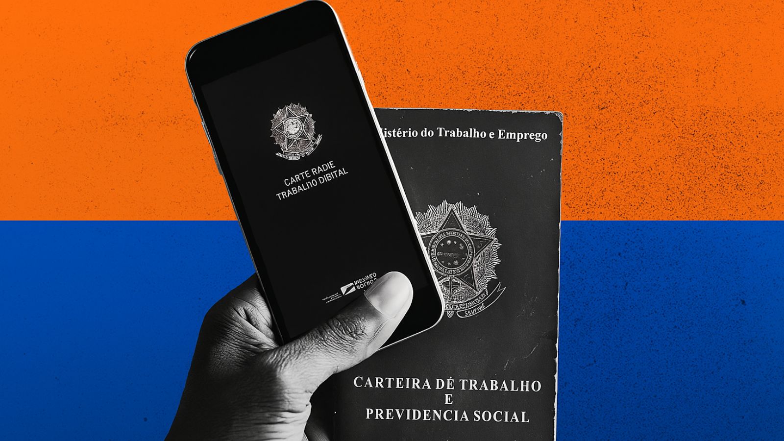 Fundo azul e laranja com pessoa segurando celular e carteira de trabalho