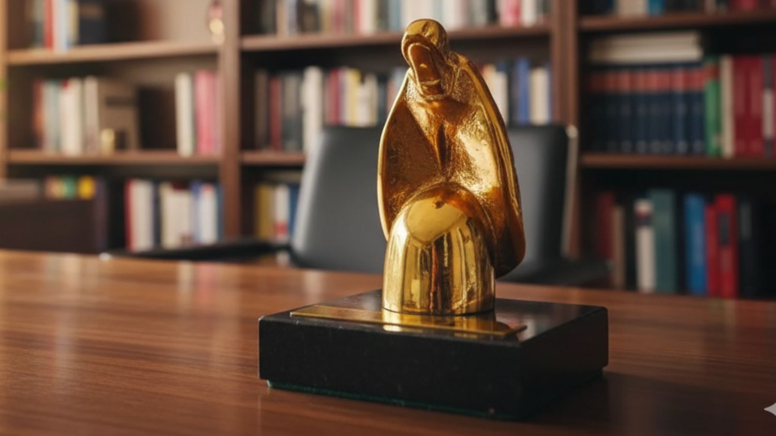 Escritório com prêmio Jabuti em mesa destaque