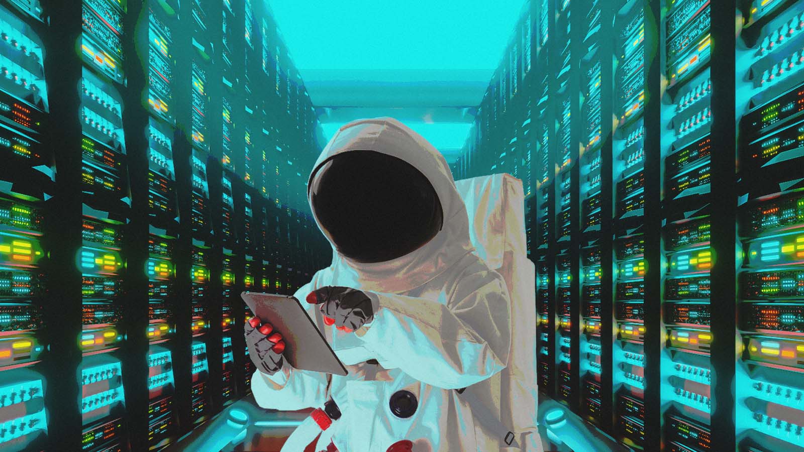 pessoa com traje de astronauta rodeada por computadores de data center