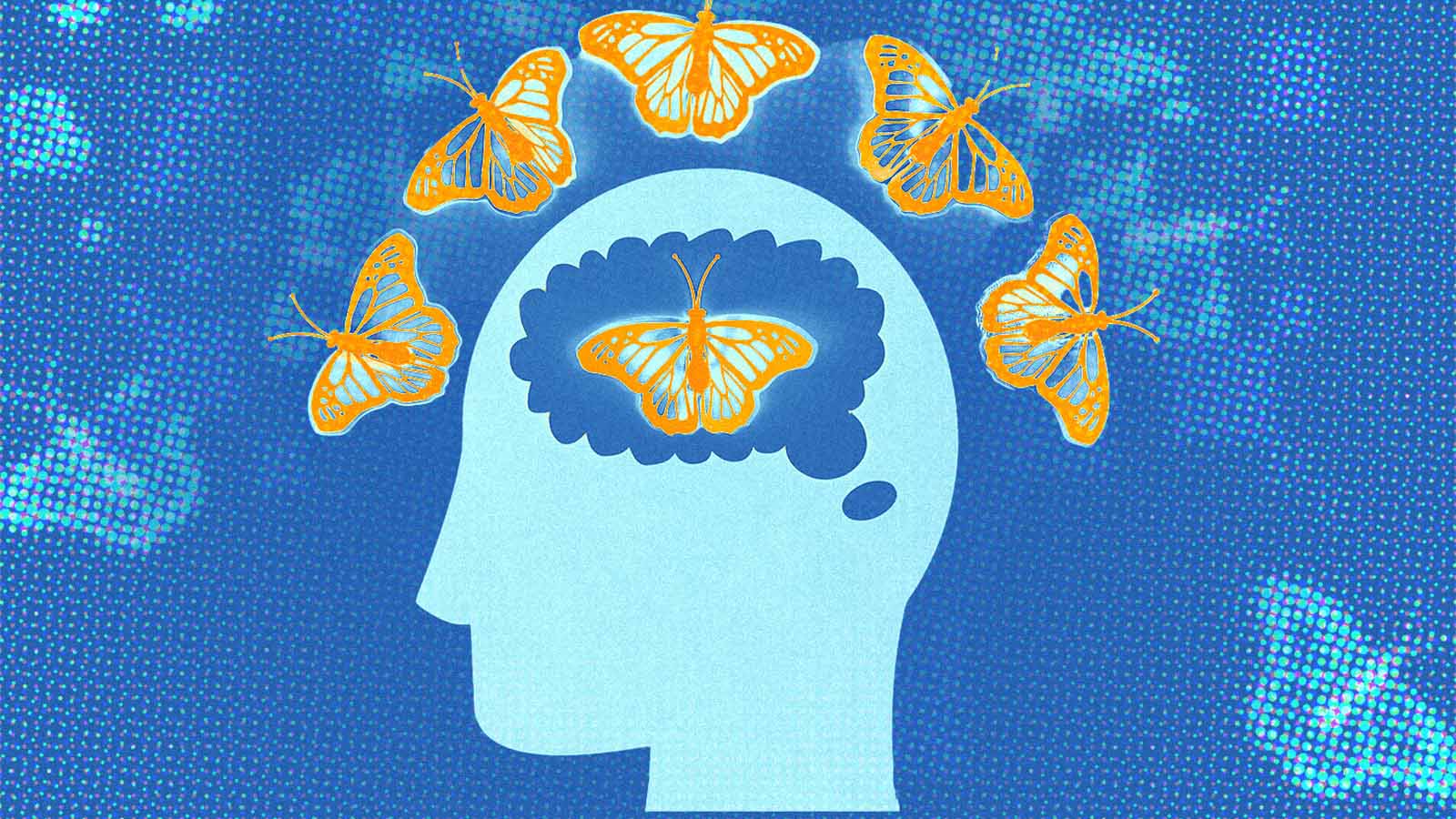 imagem estilizada de uma cabeça humana cercada por borboletas