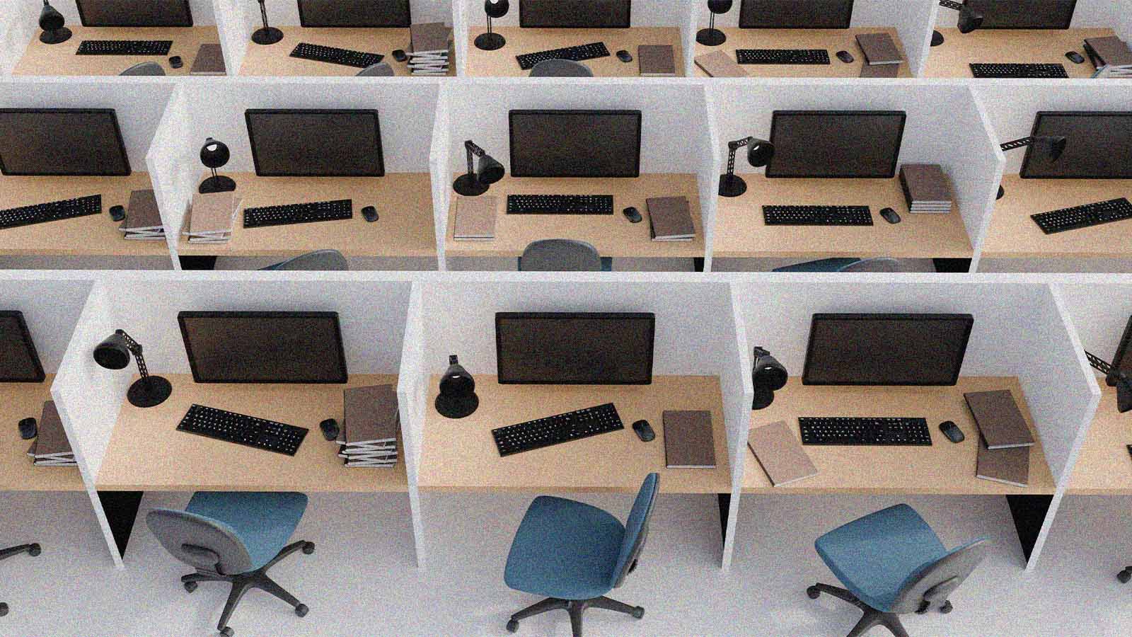 mosaico de mesas de trabalho com computadores