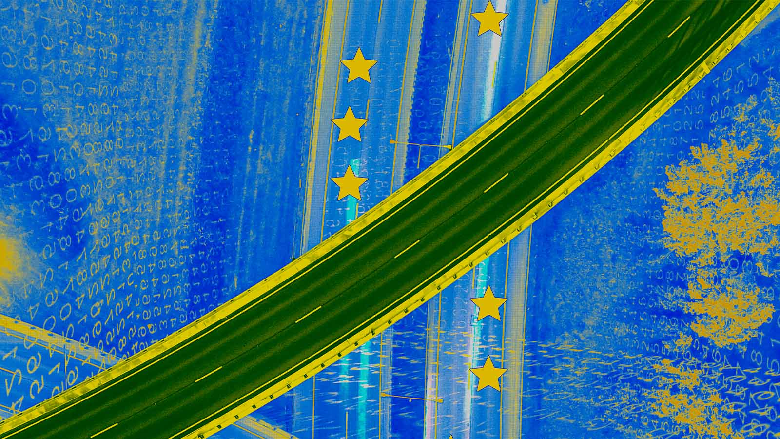 estradas azuis e verdes com estrelas amarelas, lembrando a bandeira brasileira