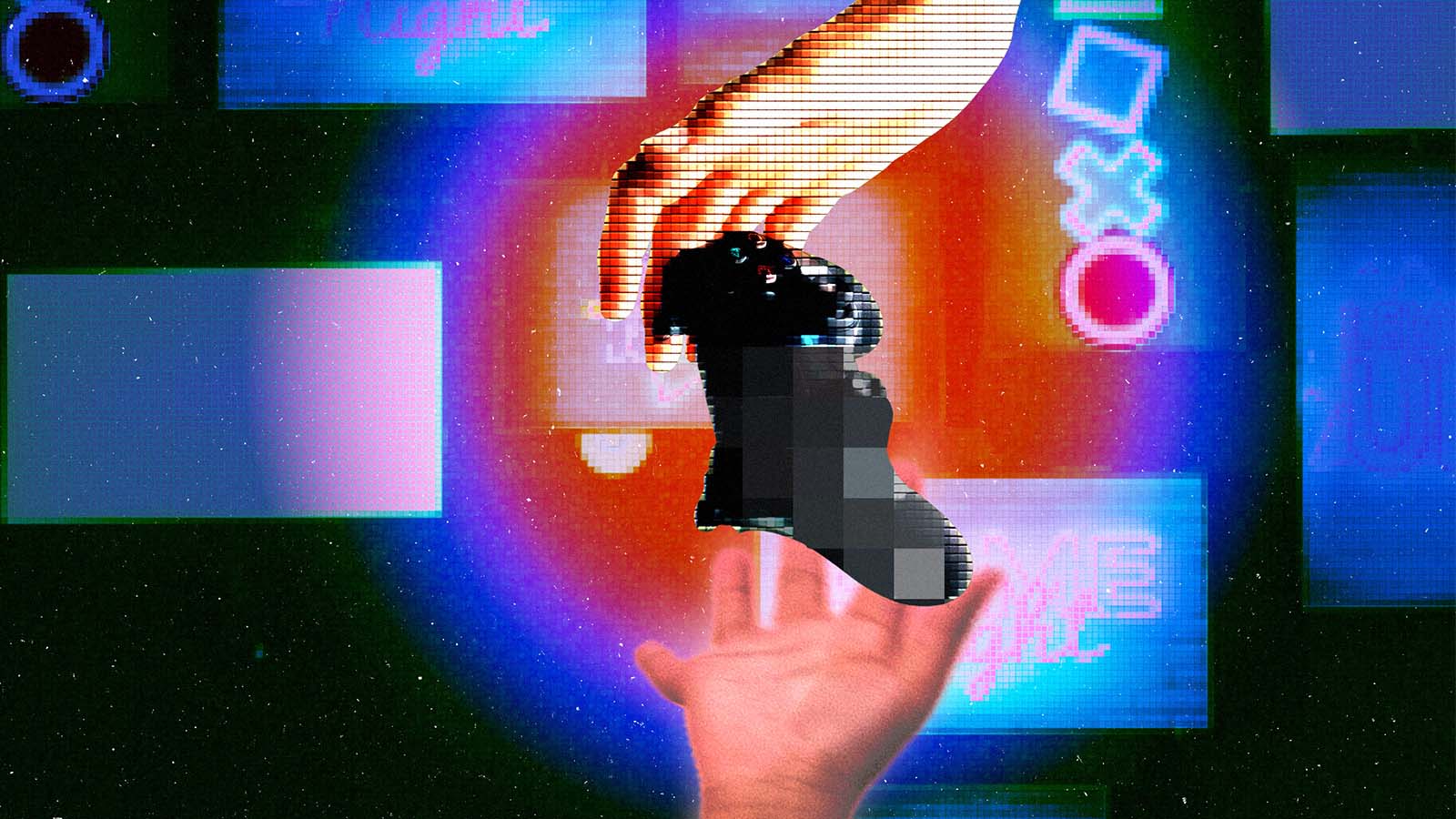 mãos seguram um joystick de videogame sobre fundo colorido