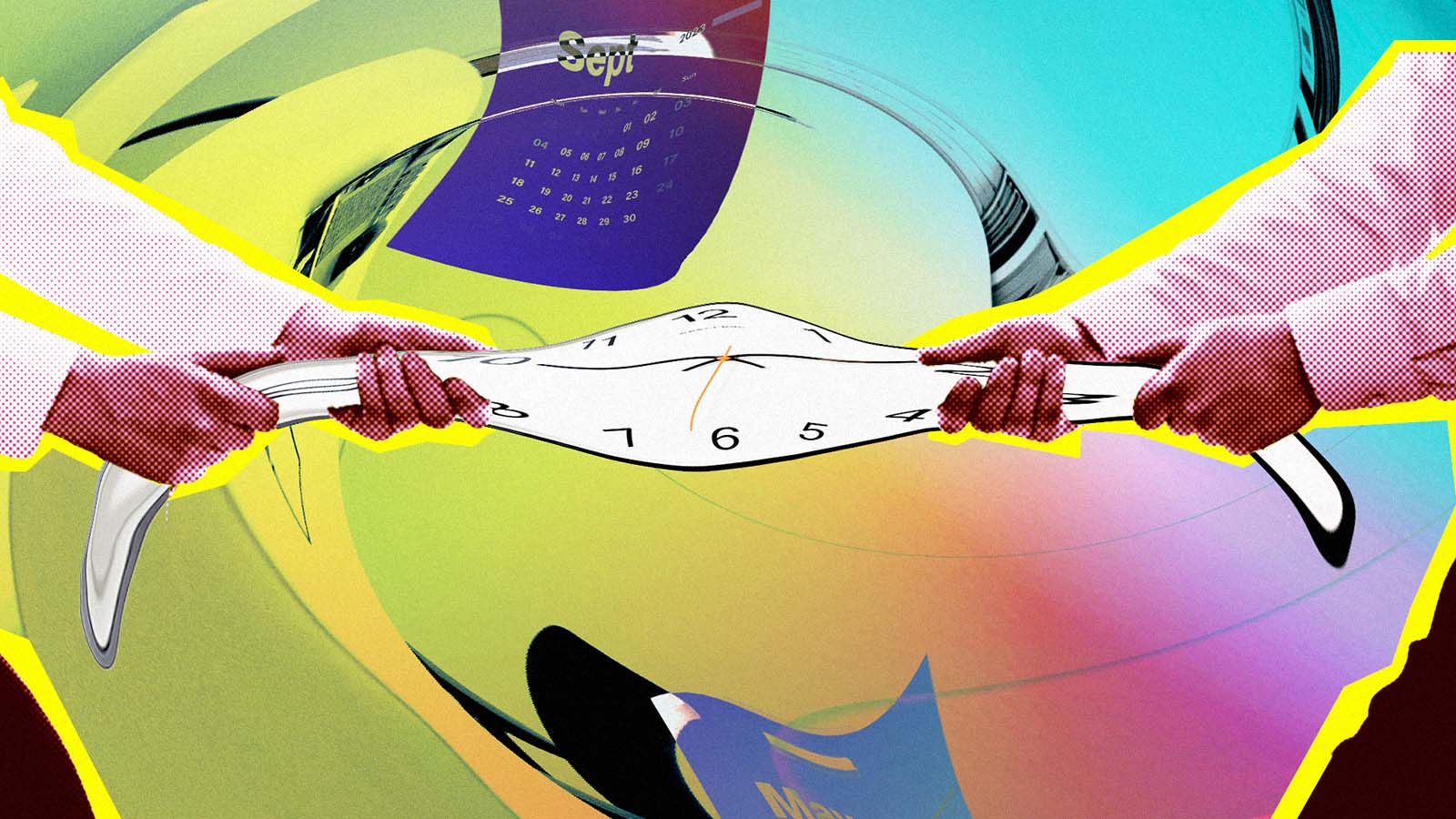 mãos disputam cabo de guerra com um relógio esticado