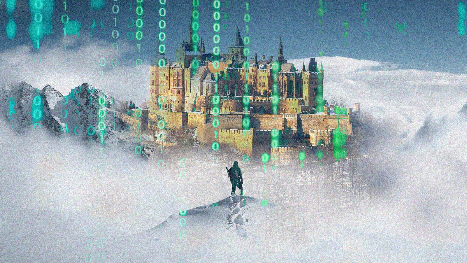 personagem de game e castelo medieval sob caracteres de computador