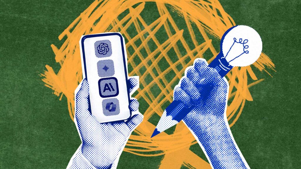 mãos seguram um lápis e um celular