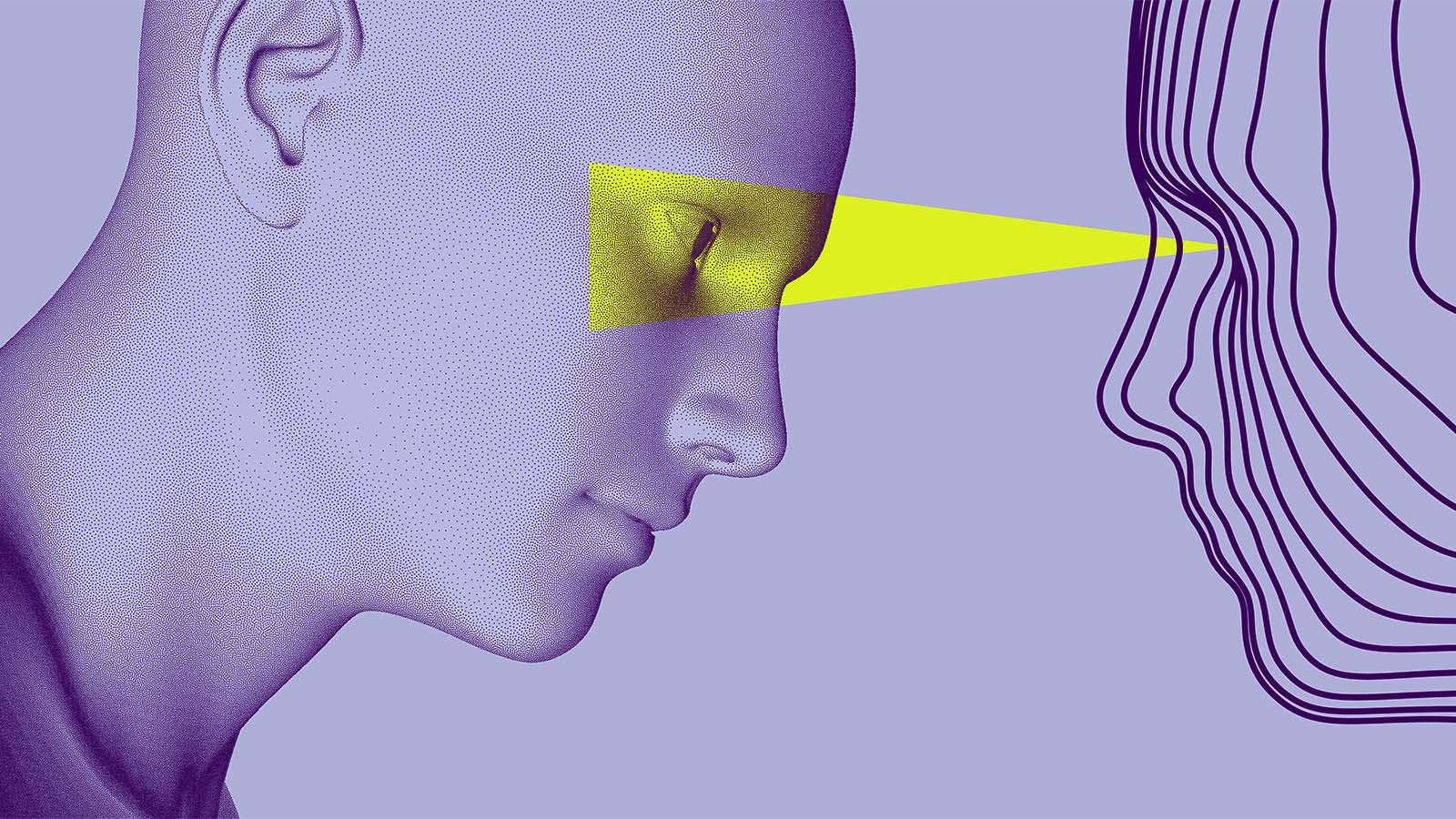 escultura de cabeça soltando raio amarelo pelo olho