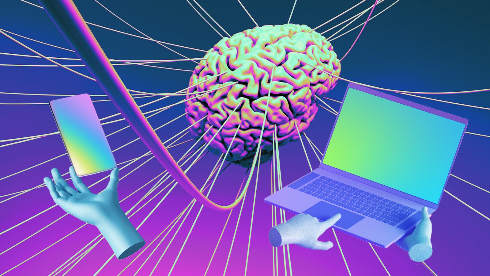 imagem ilustrativa de um cérebro ligado por cabos a um computador