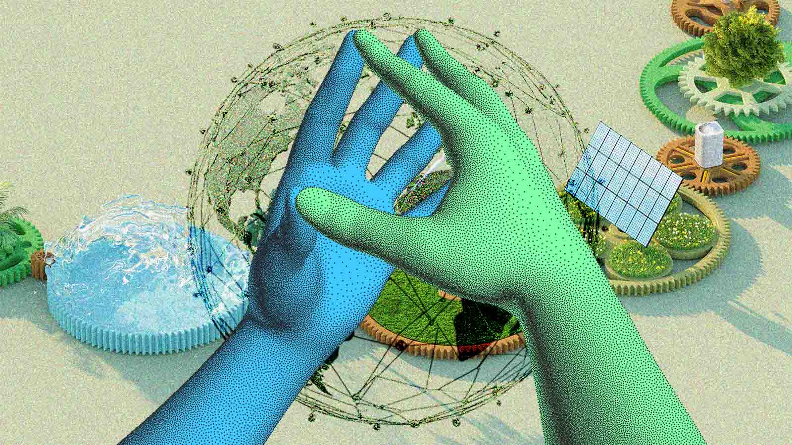 mão azul toca em mão verde em sinal de acordo sobre sustentabilidade