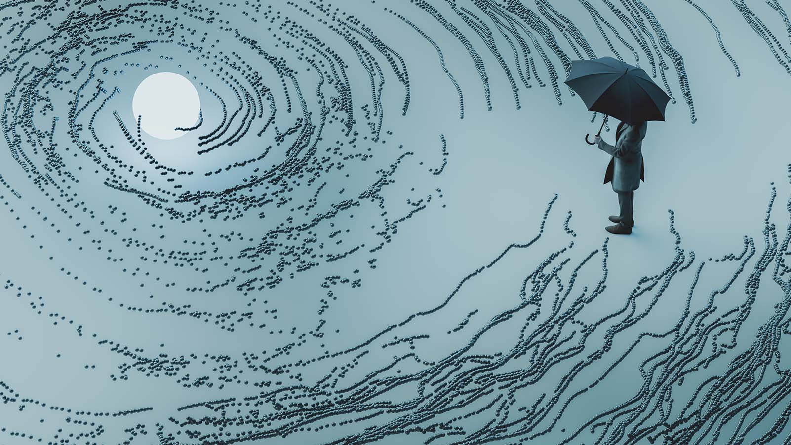 imagem estilizada de homem com guarda-chuva olhando para um redemoinho