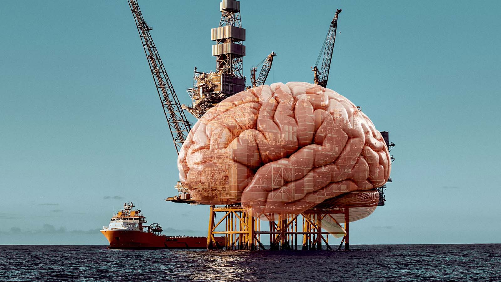cérebro com plataforma de petróleo ao fundo