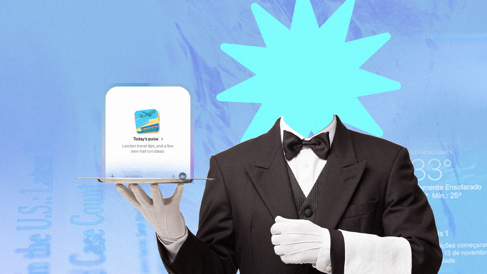 garçom com cabeça estilizada segura uma bandeja com um anúncio digital