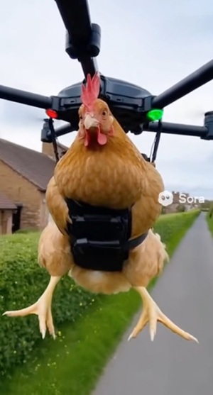 imagem deepfake de uma galinha voando em um drone