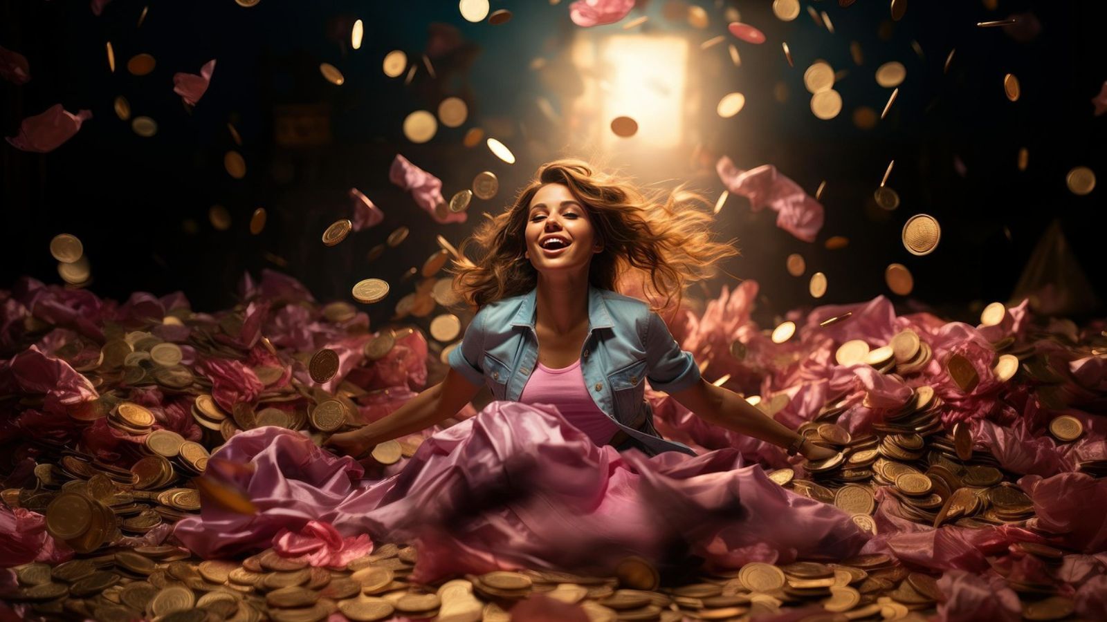 Mulher em pilha de dinheiro