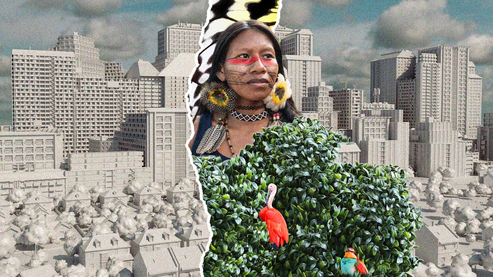 recorte de indígena e floresta sobre fundo retratando cenário urbano