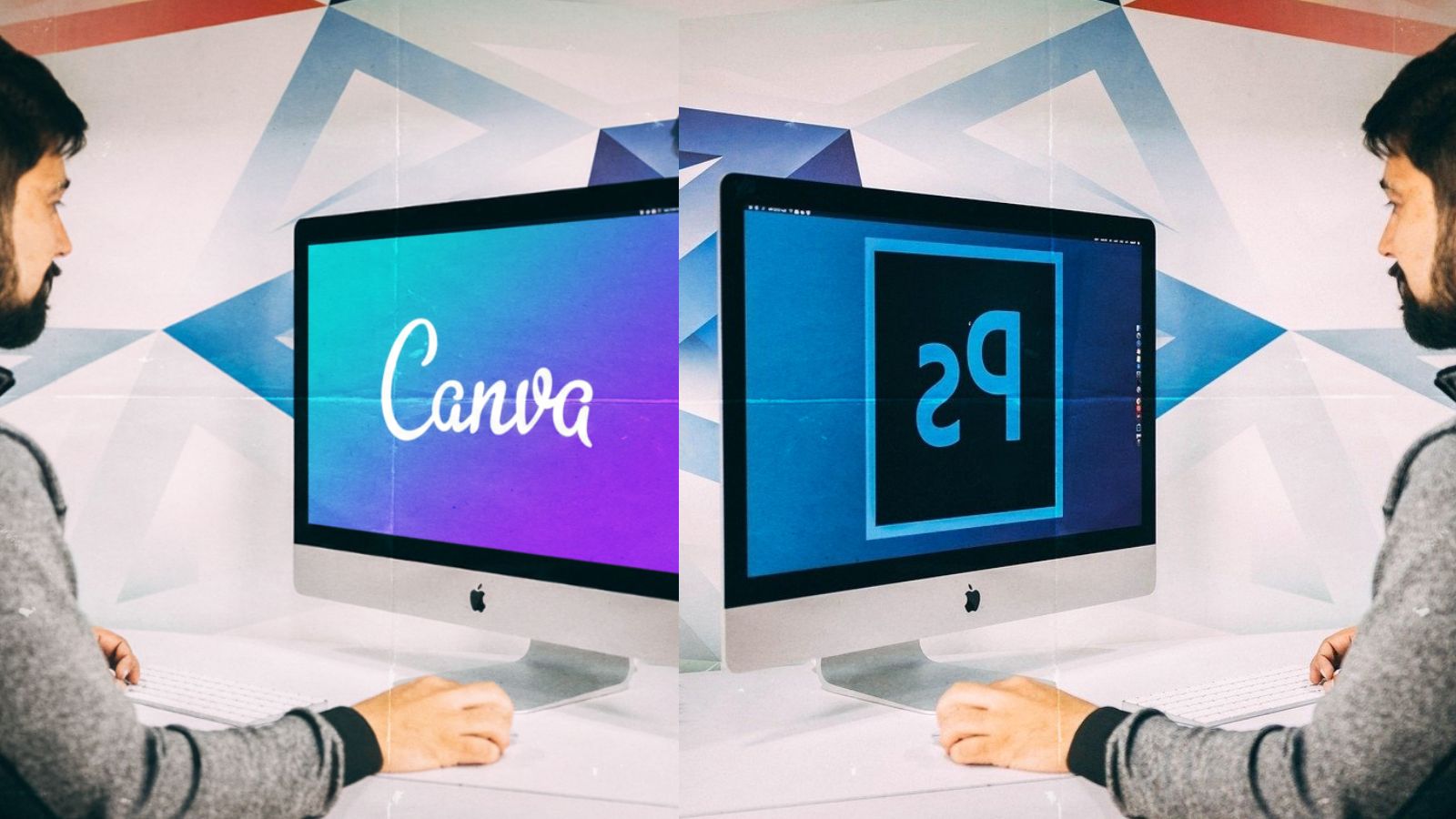 Homem usando Canva e Photoshop