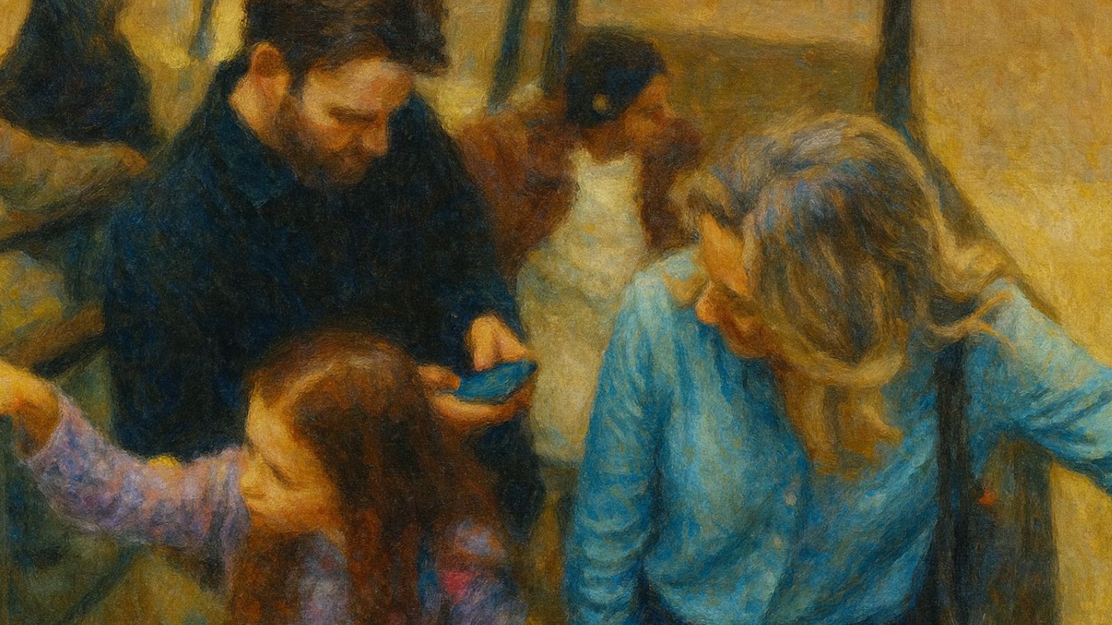 Família subindo escada rolante