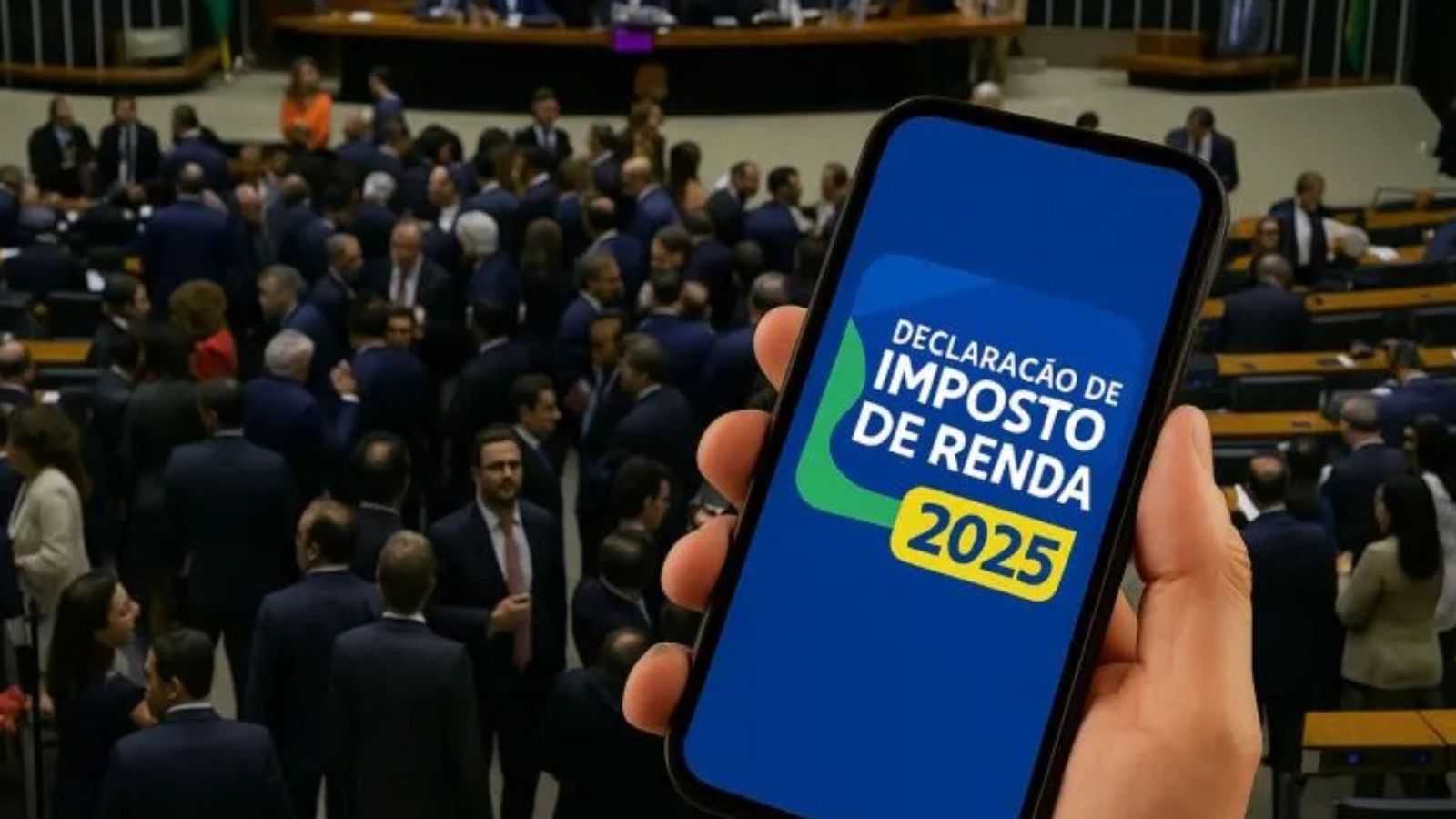 Câmara dos deputados e tela do Imposto de Renda