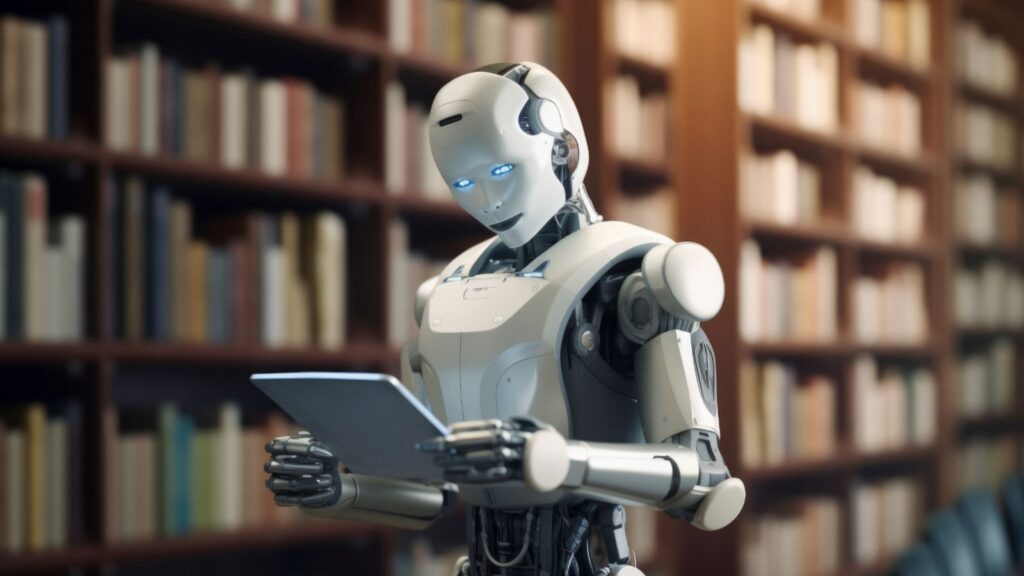 Rob&ocirc; segurando livro