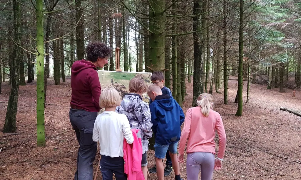 crianças e professor em aula ao ar livre na Dinamarca