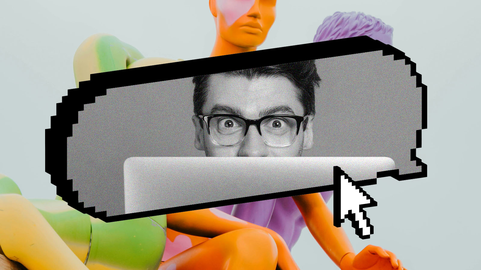 compras embaraçosas/ homem com olhar de espanto e curiosidade