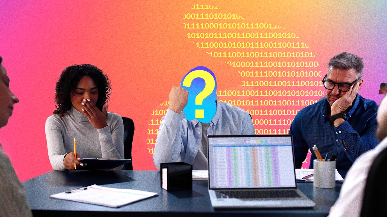 funcionário de escritório com um ponto de interrogação no lugar da cabela