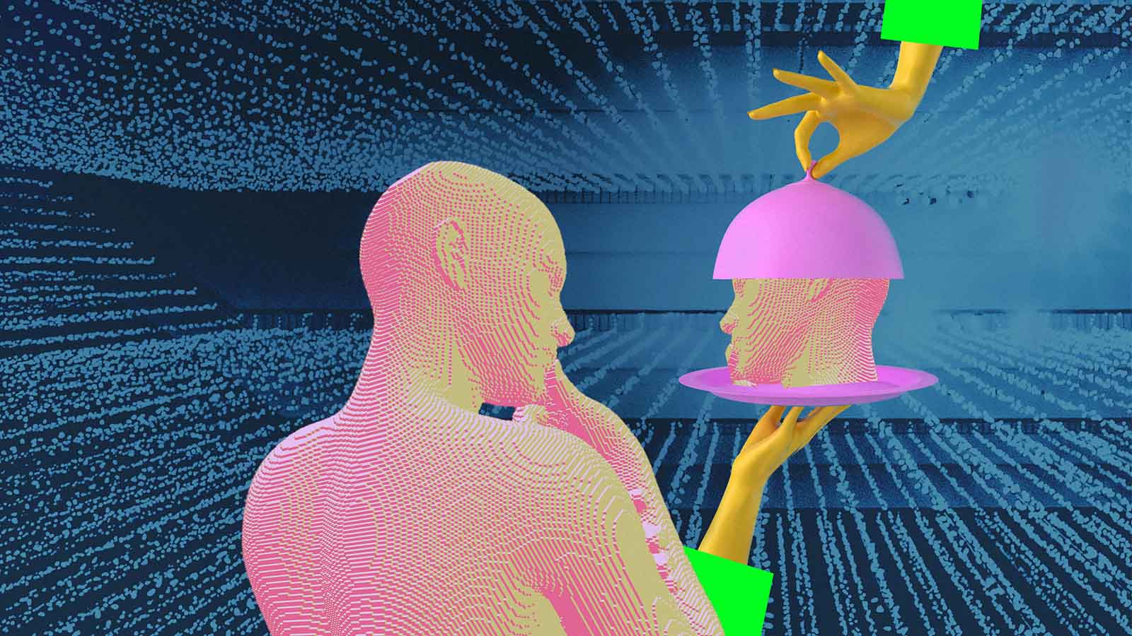 silhueta de pessoa pensativa segurando bandeja onde há uma cabeça