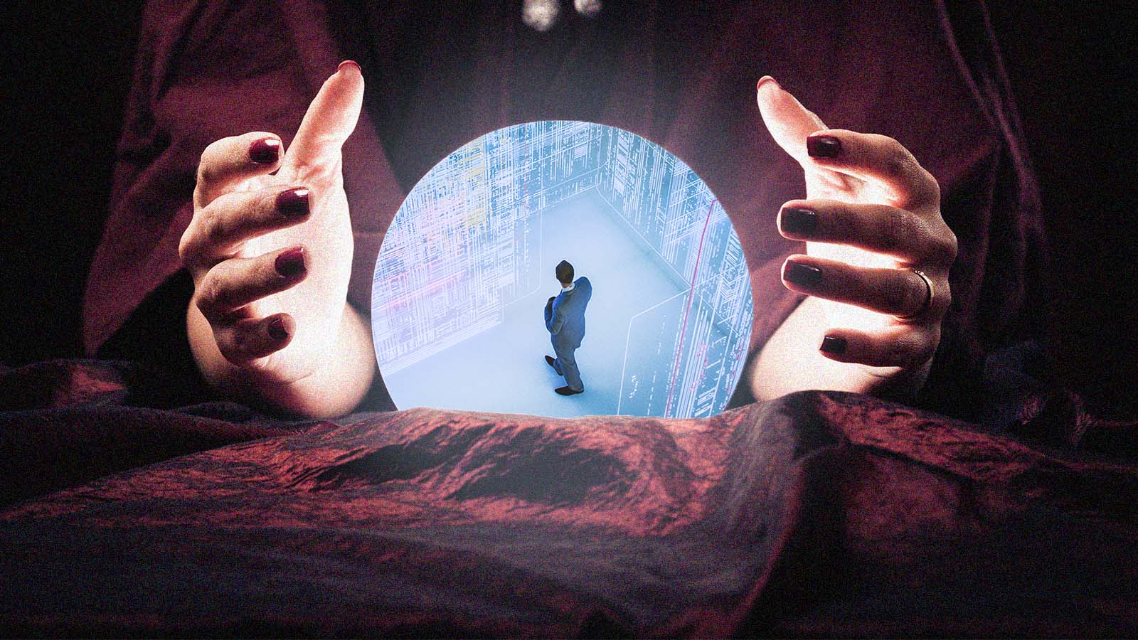 mãos em torno de bola de cristal que mostra a imagem de um homem de terno