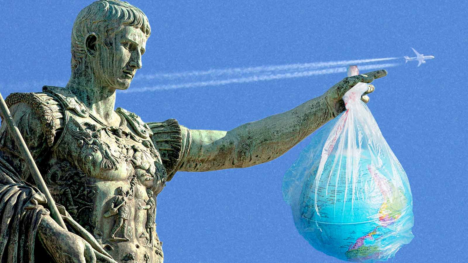 estátua de soldado romano segura um saco plástico contendo um globo terrestre