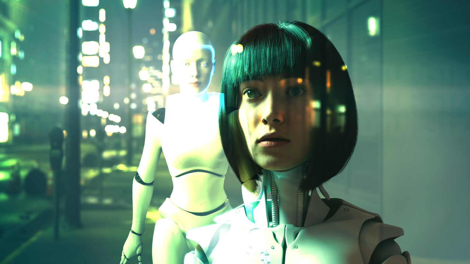 dois robôs com feições e corpo feminino