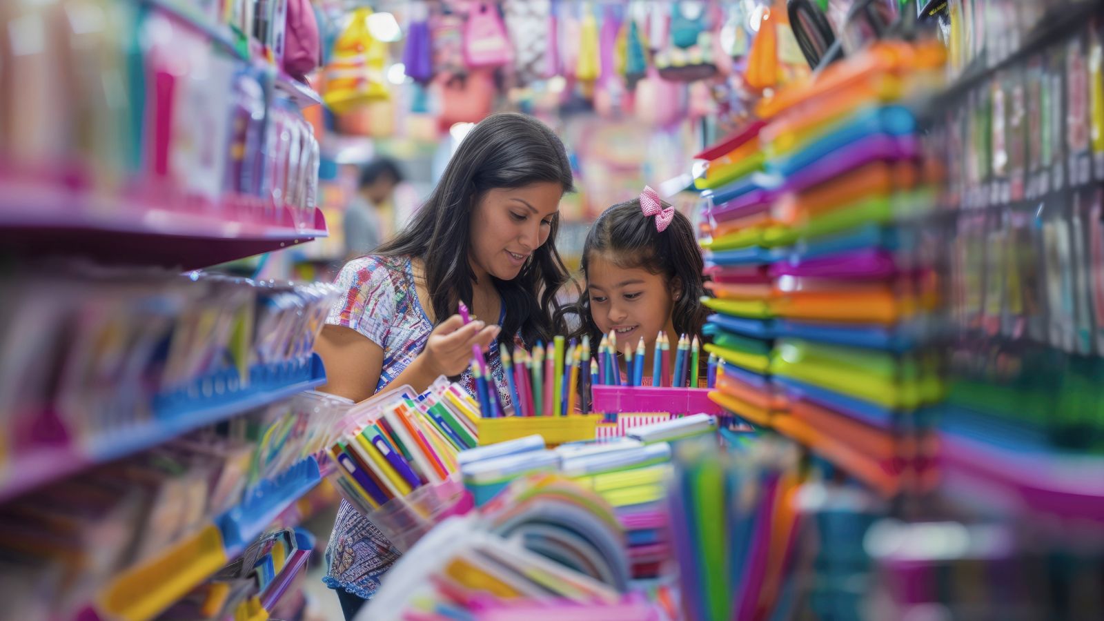 Mãe e filha comprando material escolar