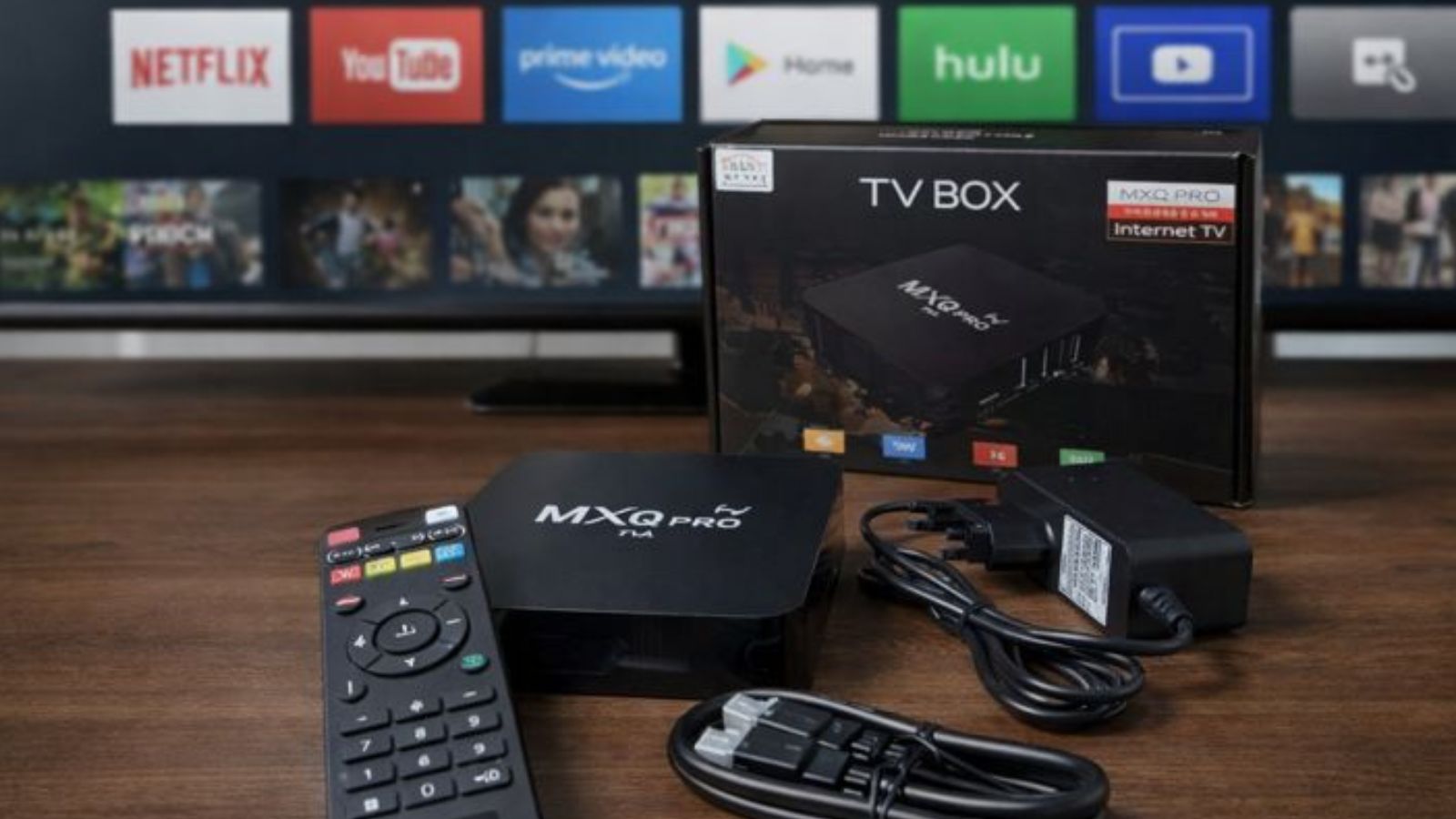 Tv Box com televisão ao fundo