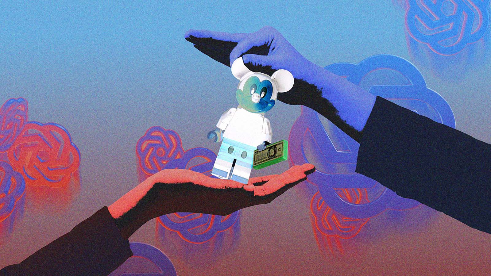 mãos seguram um Mickey Mouse feito por inteligência artificial