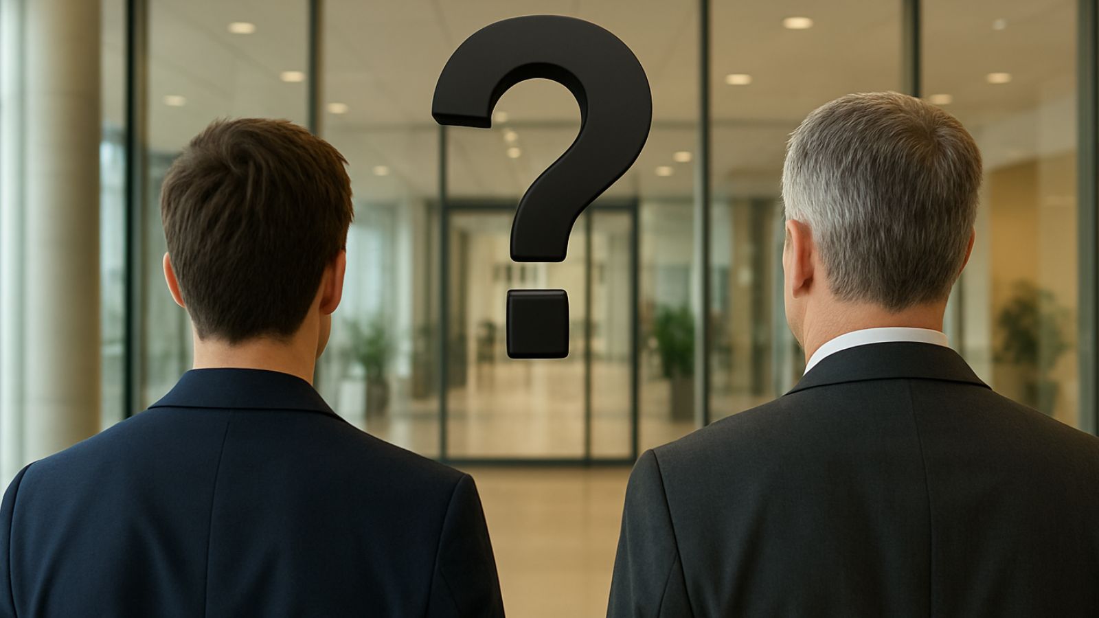 Homens joven e mais velho de costa com interrogação ao meio