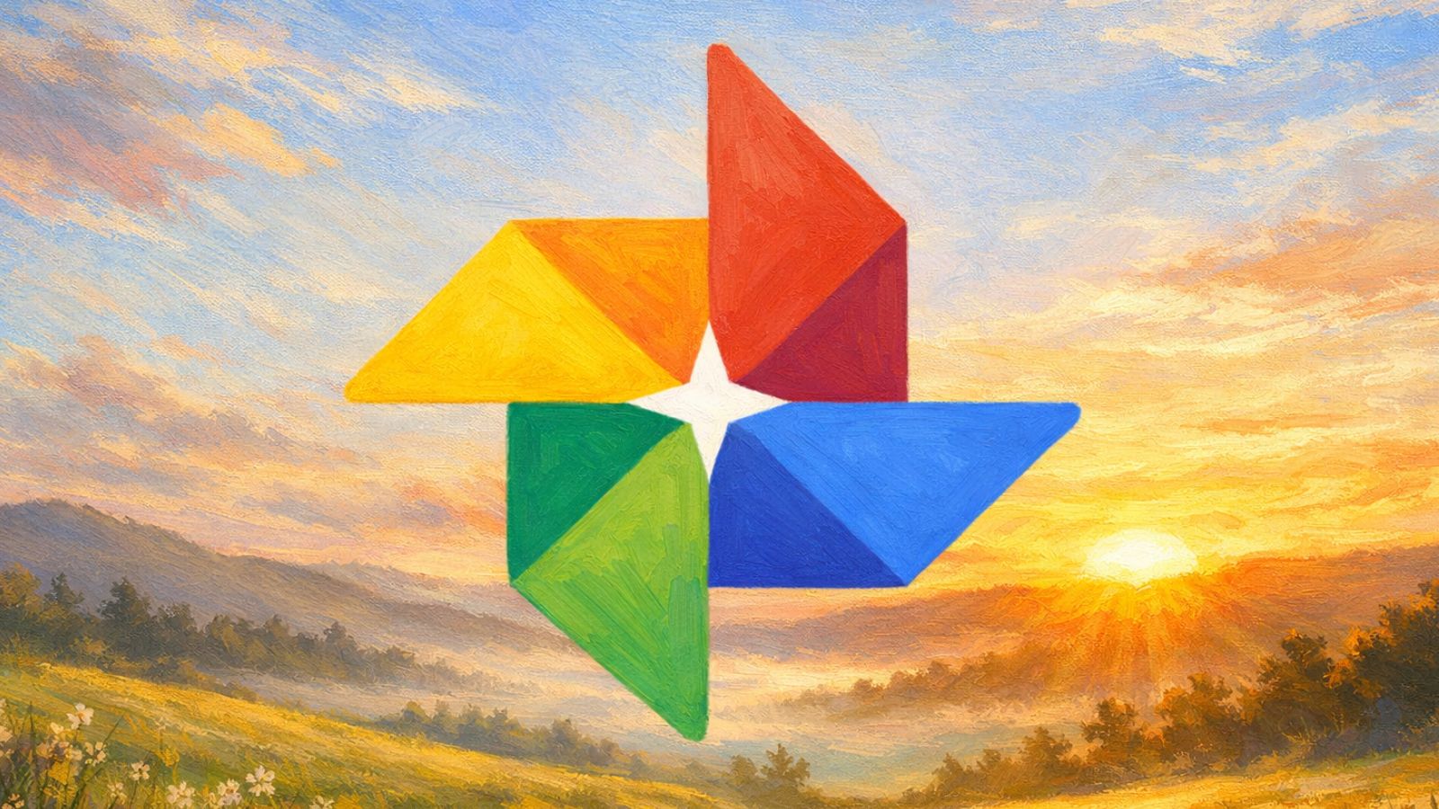 Símbolo do Google fotos em fundo de amanhecer na natureza