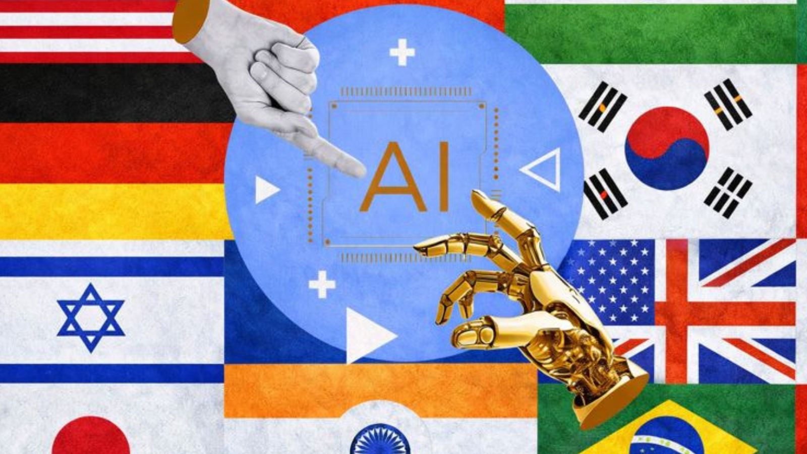Bandeiras com mão de IA se tocando ao meio