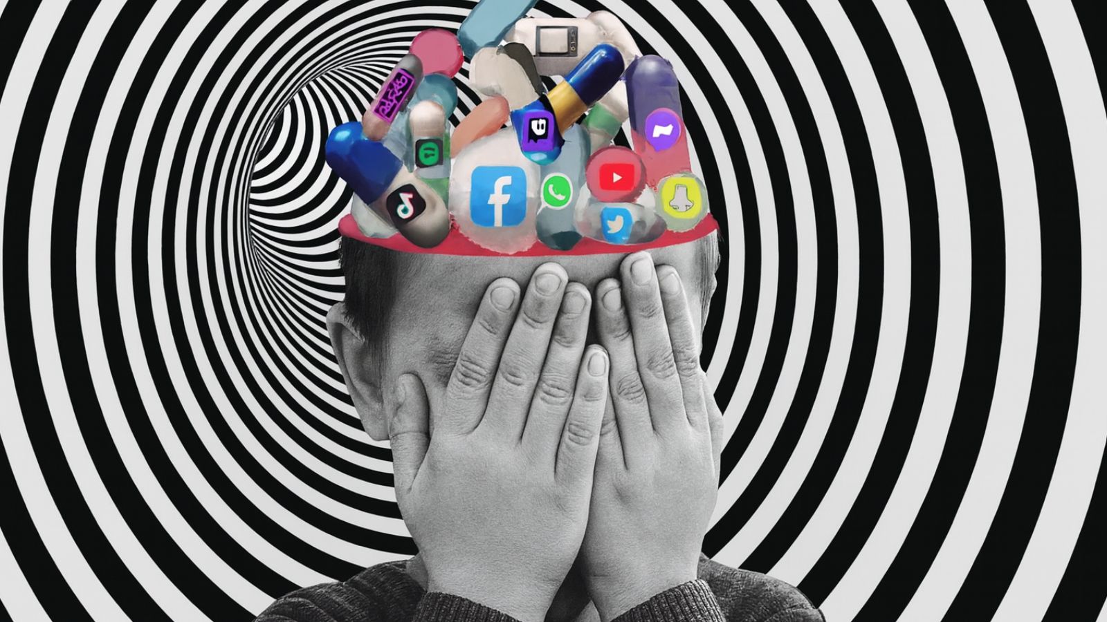 Criança com cabeça aberta e redes sociais pulando da cabeça