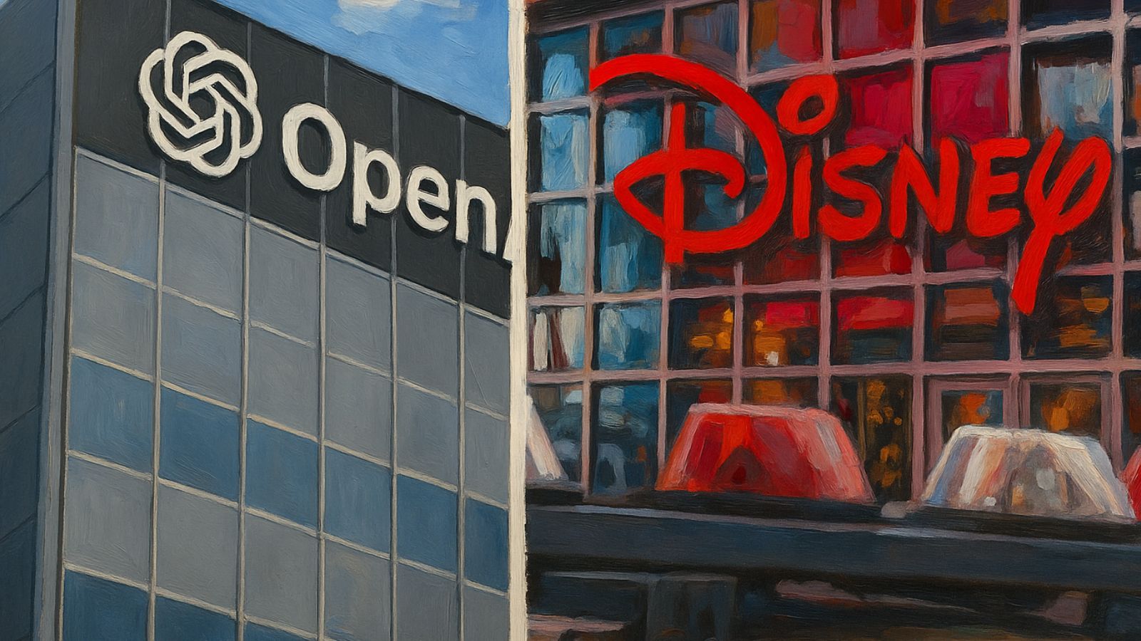 Prédio da OpenAI e da Disney dividindo tela