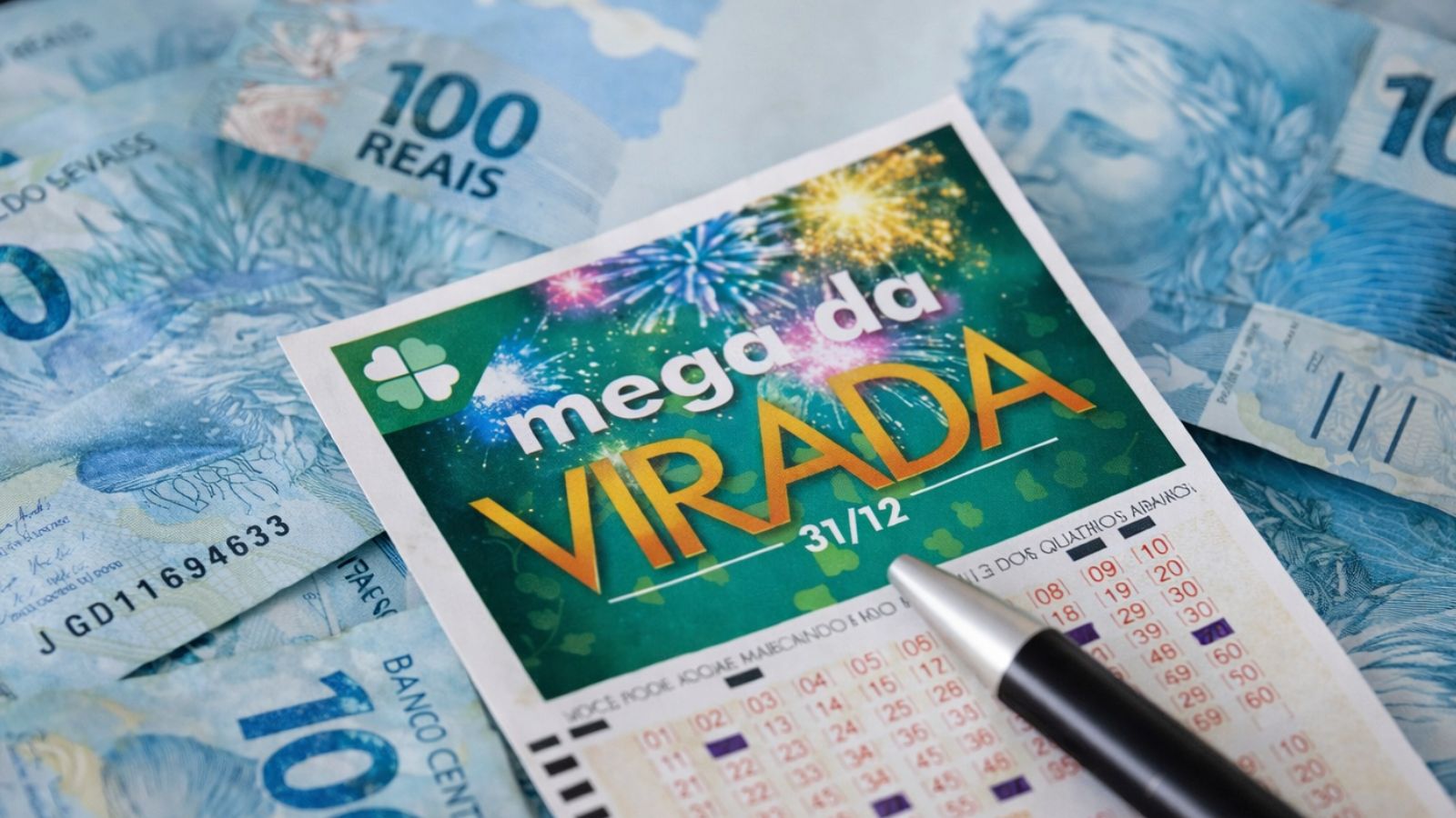 Dinheiro e bilhete da Mega da Virada