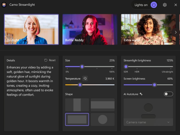 tela do aplicativo Camo Streamlight, para melhorar chamadas de vídeo