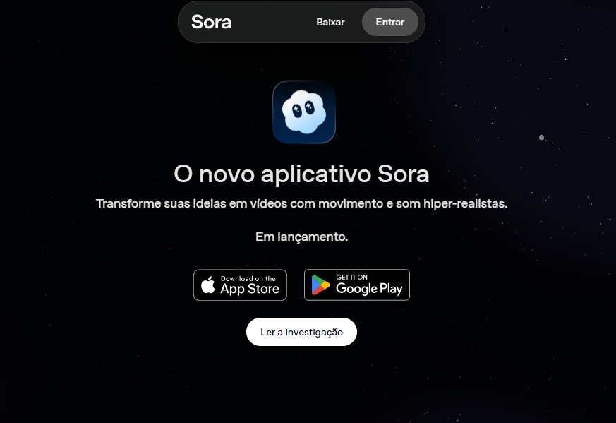 tela do aplicativo Sora 2, de criação de vídeos com inteligência artificial