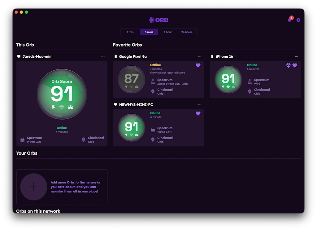 tela do aplicativo Orb, para medi&ccedil;&atilde;o da velocidade da conex&atilde;o &agrave; internet